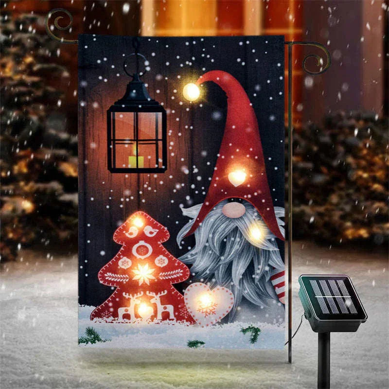 Solar Red Hat Gnome Christmas Tree Winter Garden Flag